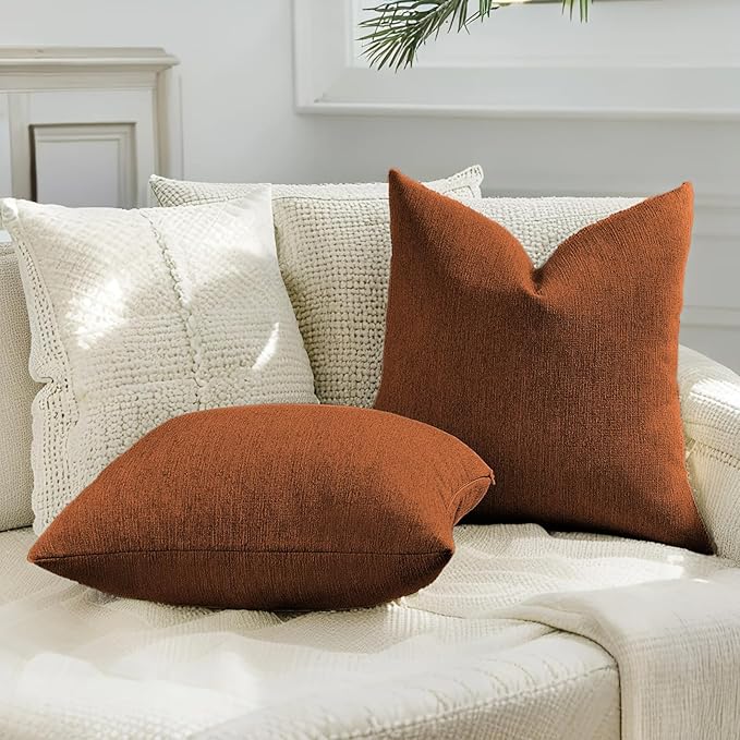 HAUSSY Rust Throw Pillow Covers 20x20 Inch Set of 2,Boho Decorative Faux Linen Throw Pillows Cozy Farmhouse Accent Cushion Covers,Home Decor for Couch Sofa Bed Living Room