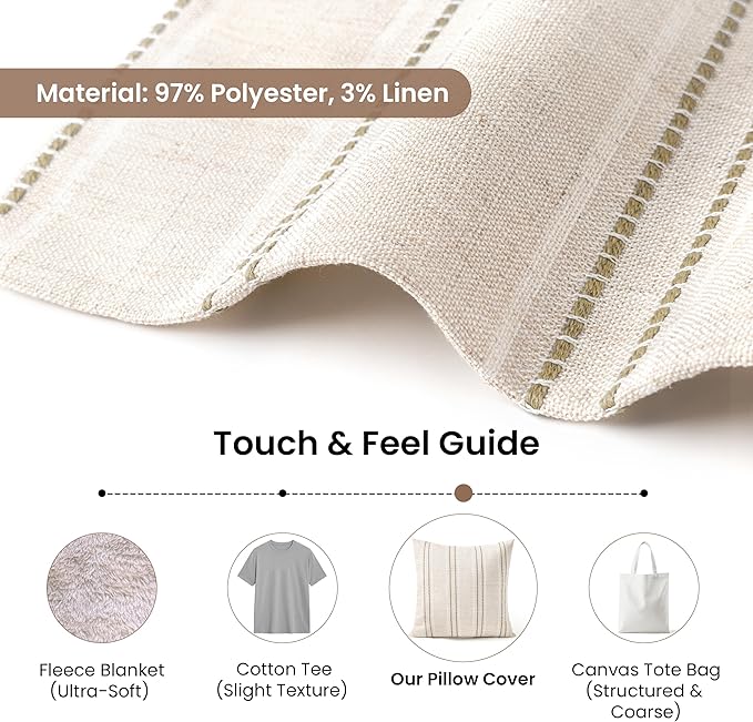 AELS 24x24 Decorative Farmhouse Linen Blend Throw Pillow Covers, Boho Textured Pillow Case, Set of 2, Beige with White & Brown Stitch Yarn Dyed Stripe Cushion Cover for Sofa Living Room (Cover ONLY)