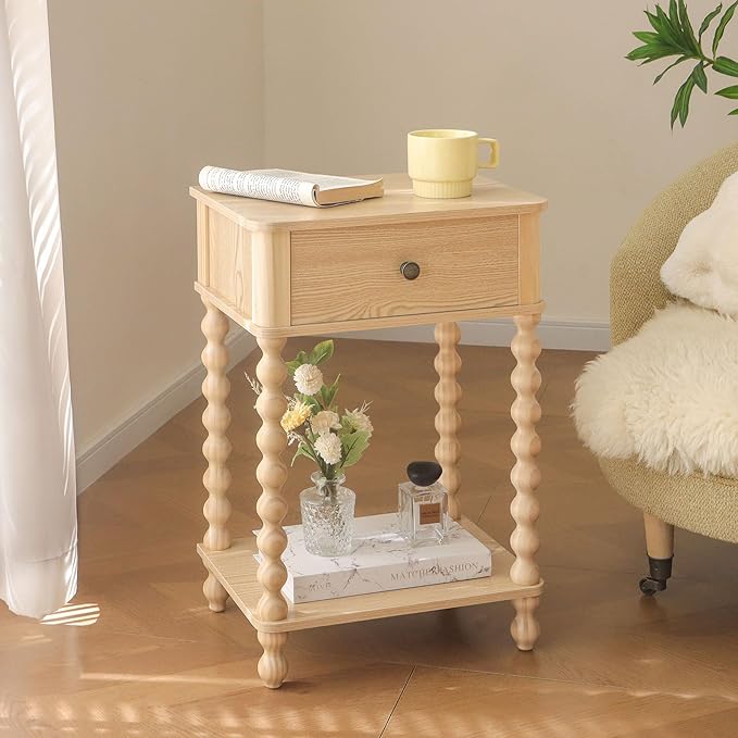 AWASEN Night Stand, Small End Table with Storage for Living Room, Farmhouse Bedside Side Table with Spindle Wood Legs for Bedroom, Office, Natural