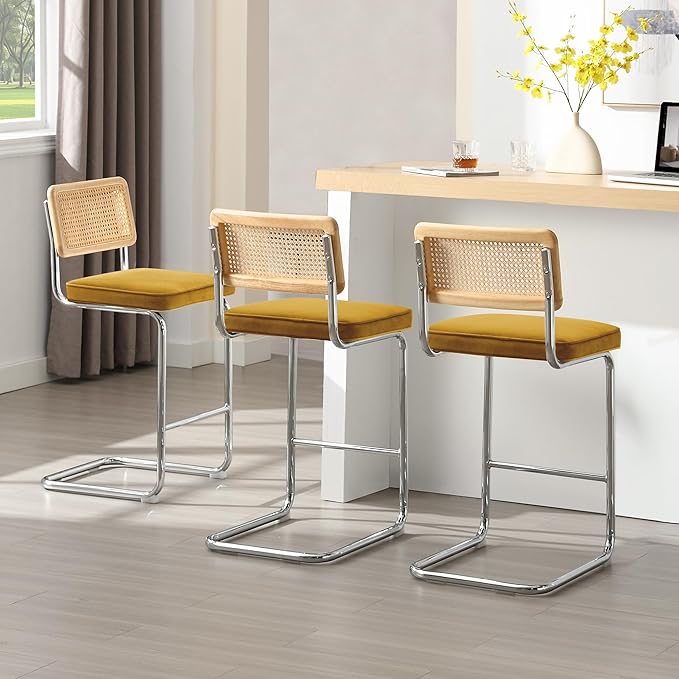 Zesthouse Natural Rattan Bar Stools Set of 2, 26'' Modern Boho Counter Height Bartools with Solid Wood Back, Mid Century Counter Stools with Velvet Cushion, Cane Back Island Chairs for Kitchen, Yellow