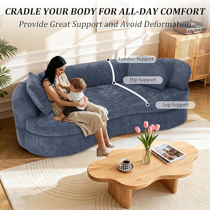 95” Modern Curved Sofa, Chenille Fabric Comfy Cloud Couch, No Assembly Required Half Moon Couch with Deep Seat, 4 Pillows for Living Room, Apartment, Bedroom