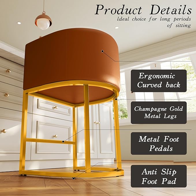 24" Modern Counter Height Bar Stools,PU Leather Upholstered Barrel Barstools with Backs,Island Chairs Bar Stools Set of 1,Metal Gold Frames,Camel Brown Leather