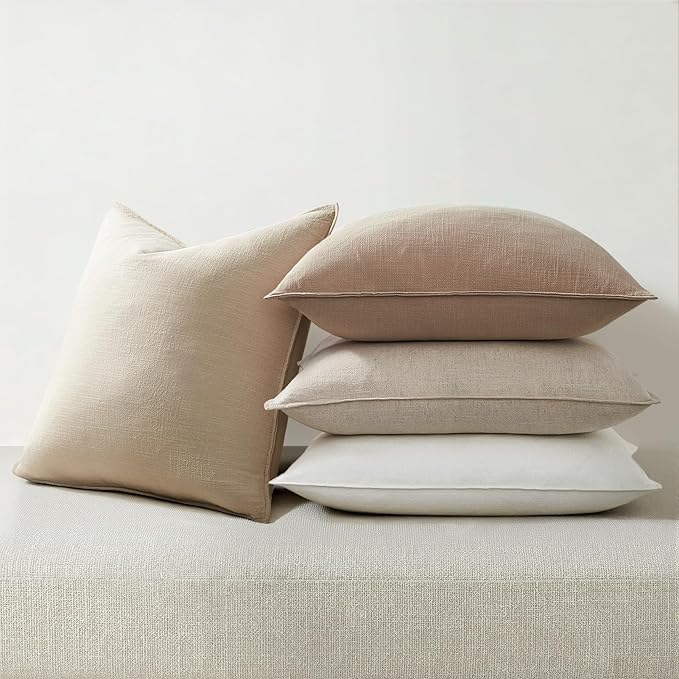 Natural Throw Pillow Covers with Press Edge Design Pack of 4 Solid Linen Decorative Pillow Covers Soft Accent Boho Pillowcases Modern for Couch Bed Living Room Balcony and Car 16x16 Inch