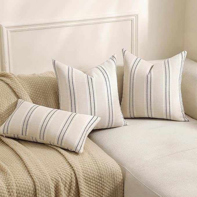 Hckot Decorative Navy Pillow Covers 18x18 Striped Throw Pillows Textured Linen Pillow Covers Farmhouse Decor Cushion Covers for Couch Bed Living Room, Navy
