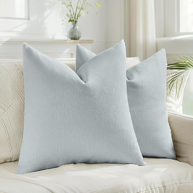 HAUSSY Dusty Blue Throw Pillow Covers 24x24 Inch Set of 2,Boho Decorative Faux Linen Throw Pillows Cozy Farmhouse Accent Cushion Covers,Home Decor for Couch Sofa Bed Living Room