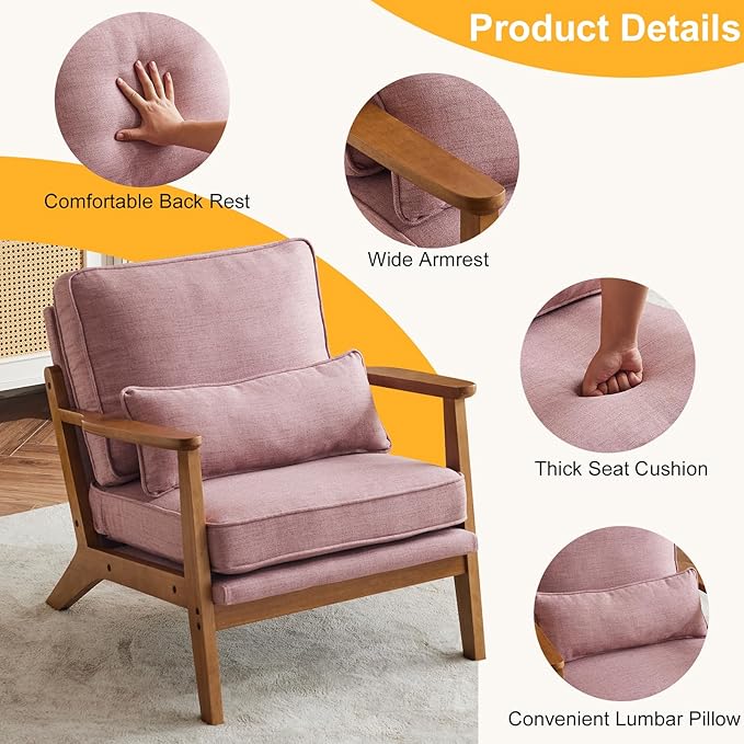 Karl home Accent Chair Wide Armrest Mid-Century Lounge Chair Linen Fabric Armchair with Lumbar Pillow & Solid Wood Frame for Living Room, Bedroom, Balcony, Pink