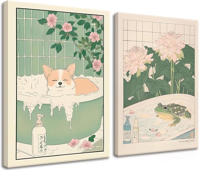 Framed Japanese Bathroom Wall Art Set of 2, Funny Japanese Bathroom Frog Dog Wall Decor, Nature Relaxation Canvas Prints Poster, Minimalist Aesthetic Home Spa Decor Picture 12x16 Inch