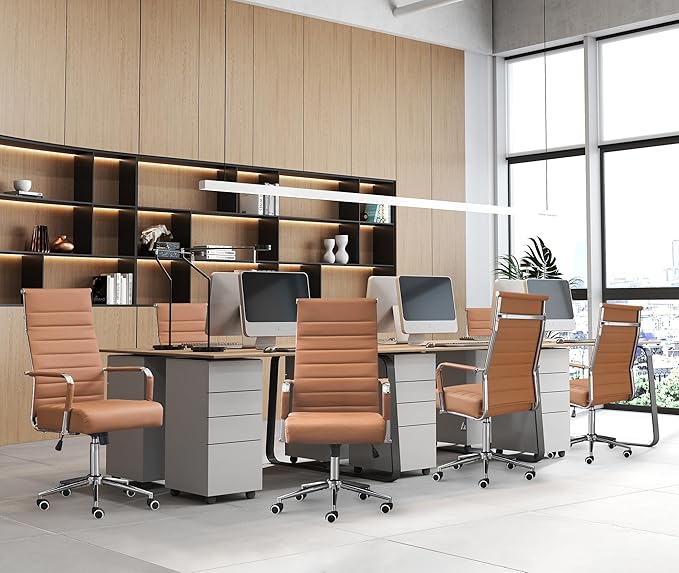 Office Desk Chair,Conference Room Chairs with Wheels and Arms, Modern PU Leather Ergonomic High Back Executive Ribbed Height Adjustable Swivel Chair for Home Office (Brown)