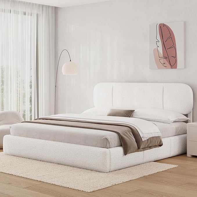 King Size Bed Frame with Storage, Boucle Cloud Bed with 4 Locking Drawers & LED Lights, Modern Upholstered Platform Bed, Plush Sides & Footboard, Adjustable Headboard, No Box Spring, White