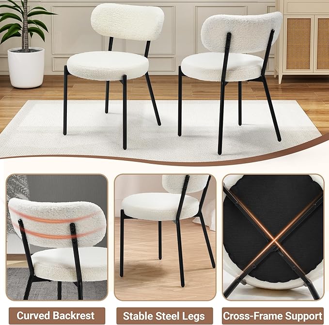 Murago Dining Chairs Set of 2, Boucle Comfortable Upholstered Seat Fabric with Curved Backrest, Mid Century Modern Contemporary Scandinavian Designer Chairs Ideal for Dining Room, Kitchen, White