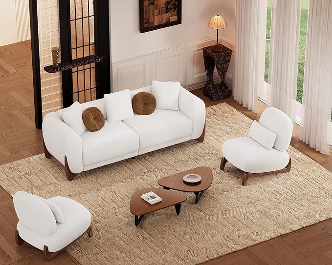 Morden Fort 3 Piece Cloud Couch Set, Modern Sherpa Boucle Sofa Set with Wood Legs, Skin-Friendly Minimalist Upholstered Comfy Couch Sofas for Living Room, 3-Seater Sofa & 2 Chairs, Off White