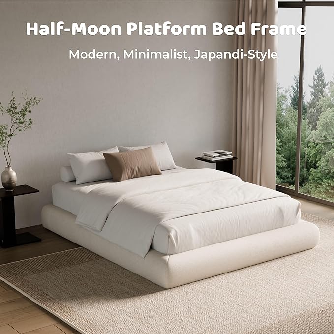 RECCI AirFrame Half-Moon Upholstered Full Platform Bed Frame, Velvet Curved Arched Base, 5 Inch Fully Round Cushioned Foam, No Box Spring Needed, Easy Assembly | Round Shaped, Boucle, Low-profile, Soft