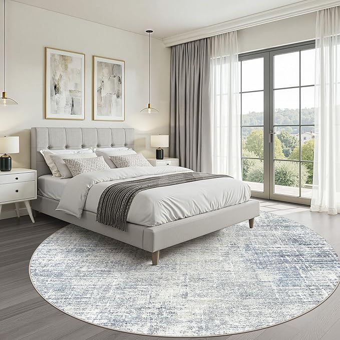 5ft Round Rug Living Room: 5x5 Washable Large Neutral Blue Circle Area Rug Abstract Soft Modern Stain Resistant Indoor Floor Non-Slip Carpet for Bedroom Nursery Kids Office Playroom Dining Room