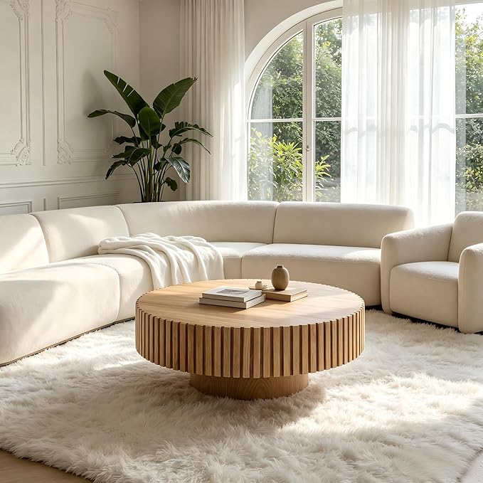 KEVINSPACE Round Coffee Table, 39" Big Wooden Fluted Coffee Table with Fluted Base, Circle Accent Center Table for Living Room Apartment Office Small Space, Easy Assembly, Wood