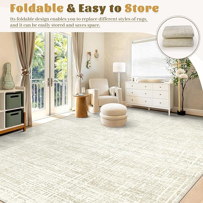 6x9 Area Rugs Washable Rug, Abstract Living Room Rug Large Neutral Modern Area Rug Soft Non Slip Low Pile Stain Resistant Indoor Carpet for Bedroom Nursery Kids Dining Room Office(Beige, 6'x9')