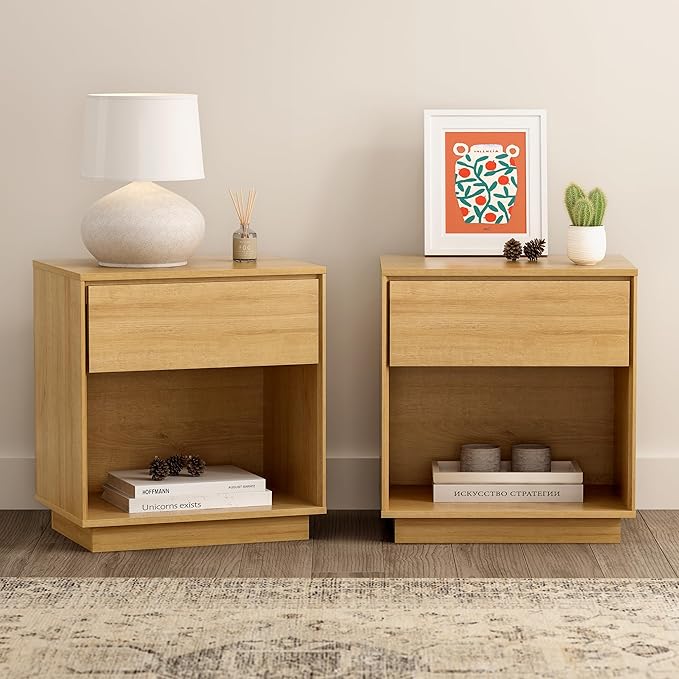 EYYTHUNG Modern End Side Table Set of 2, Wood Nightstand with Storage and Open Shelf, Farmhouse Boho Bedside Table Accent Night Stand for Bedroom, Natural Oak