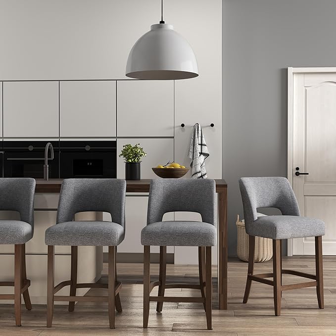 VKNOW Bar Stools Set of 2, 26" Upholstered Counter Height Bar Stools,Modern Counter Stools with Wood Legs for Kitchen Island Dining Room Bar,Fabric Grey