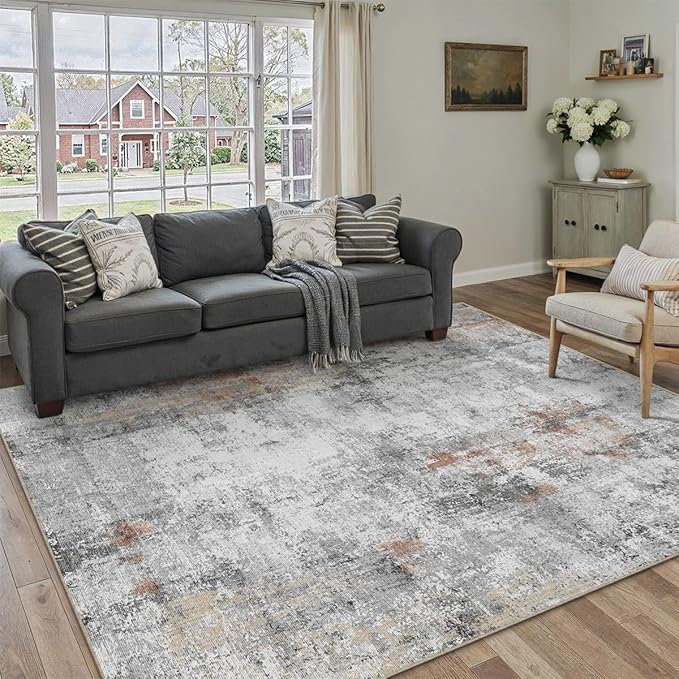 6x9 Washable Area Rug Rust Grey Abstract Non Slip Soft Low Pile Rug for Living Room Bedroom Dining Room Office Neutral Modern Indoor Throw Carpet for Home Decor