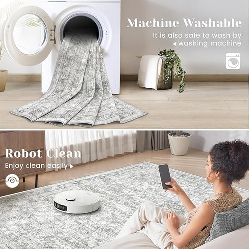 8x10 Area Rugs for Living Room: Washable Large Vintage Floral Rug Low Pile Non-Slip Boho Carpet for Bedroom Dining Home Office (Grey, 8'x10')