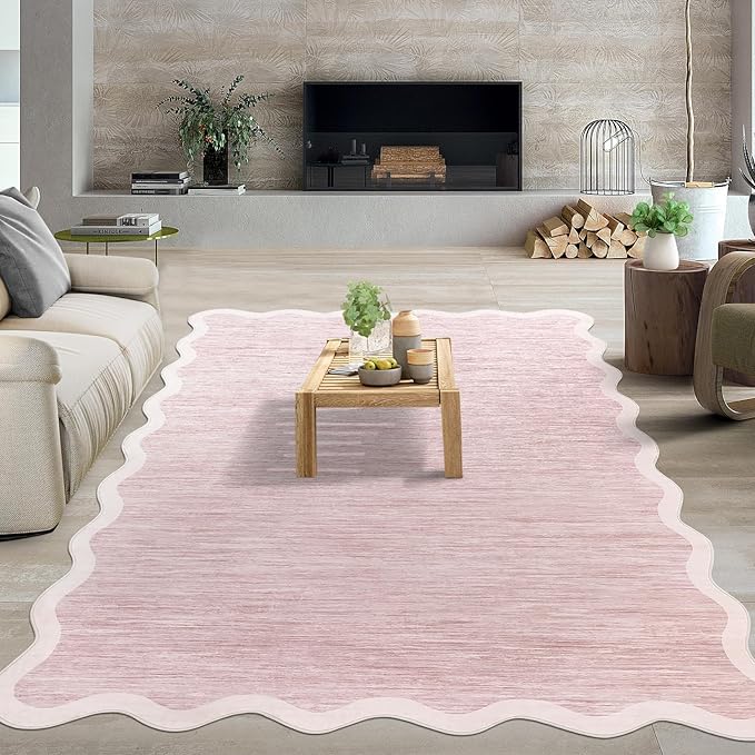 GarveeHome Scalloped Living Room Rug 5x7 Area Rug Washable Area Rug for Bedroom Modern Abstract Pink Kids Rug Non Slip Throw Rugs Soft Low Pile Stain Resistant Carpet for Dining Room 5'x7' Pink