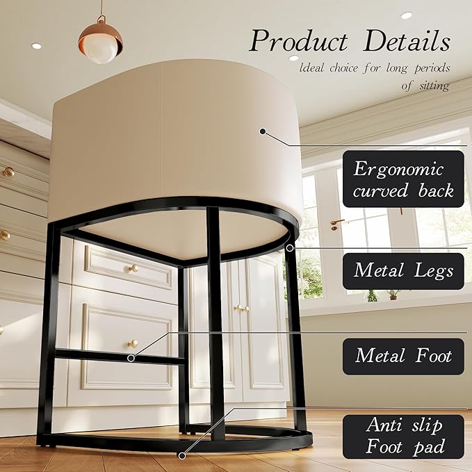 Modern Counter Height Bar Stools,Bar Stools Set of 2,PU Leather Upholstered Barrel Barstools with Backs,26'' Kitchen Island Chairs,Metal Black Frames,Beige White Leather