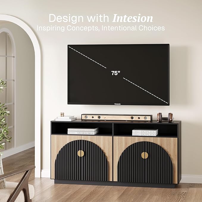 BELLEZE 65 Inch Fluted TV Stand, Mid Century Modern Entertainment Center with Storage Cabinets & Open Shelves, Media Console TV Cabinet with Adjustable Shelves for Living Room, Camel