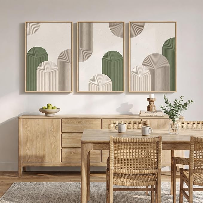 Framed Green Beige Abstract Wall Art for Living Room, 3 Piece Large Neutral Modern Minimalist Canvas Artwork for Walls, Boho Bauhaus Geometric Painting Prints for Bedroom Office Wall Decor, 24x36 Inch