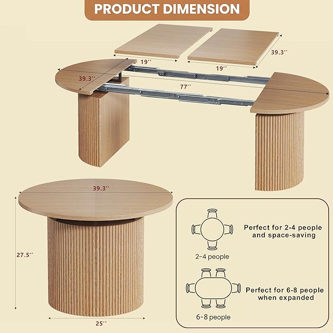 HUAHUU Extendable Round Dining Table for 4-8, 39in-77in Long Large Kitchen Table with Fluted Base, Space Saving Modern Farmhouse Oval Dinner Tables for Dining Room, Kitchen, Living Room, Natural