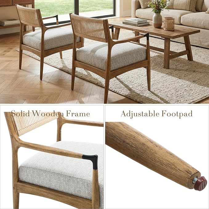 Ya-Home Mid-Century Modern Accent Chair with Woven Rope Back, Upholstered Linen Fabric Armchair with Solid Wood Frame for Living Room Bedroom, 1PC, Patterned