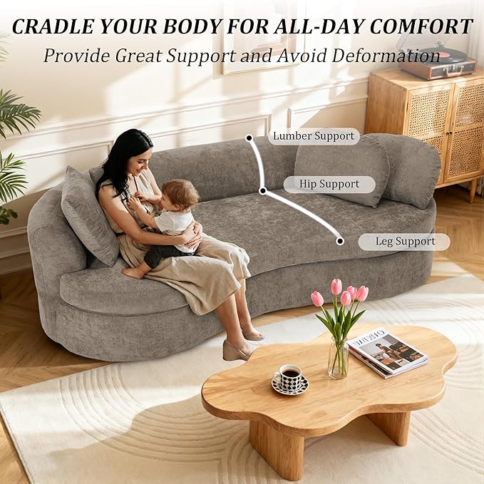 95” Modern Curved Sofa, Chenille Fabric Comfy Cloud Couch, No Assembly Required Half Moon Couch with Deep Seat, 4 Pillows for Living Room, Apartment, Bedroom