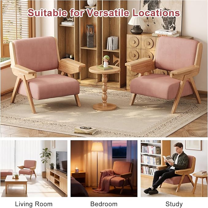 Accent Chair Mid Century Modern Chair, Velvet Upholstered Lounge Arm Chair with Solid Wood, Cozy Seating for Living Room, Bedroom, Balcony (Pink, Set of 2)