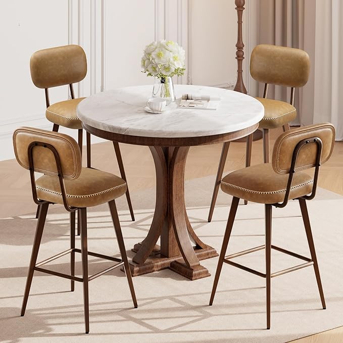 MALOL 26“ Swivel Bar Stools Set of 4, Mid Century PU Leather Counter Height Bar Chairs with Low Back and Metal Legs, Modern Bar Stool Chair for Kitchen Island, Brown