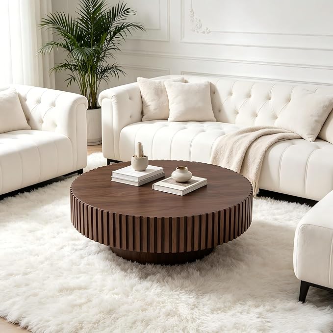 KEVINSPACE Round Coffee Table, 39" Big Wooden Fluted Coffee Table with Fluted Base, Circle Accent Center Table for Living Room Apartment Office Small Space, Easy Assembly, Walnut