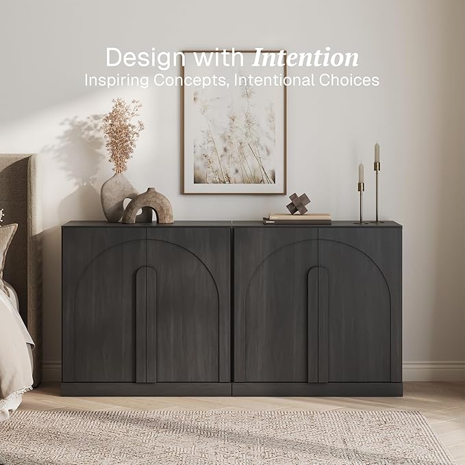 BELLEZE Set of 2 Modern Buffet Cabinets (63" Wide)-Large Sideboard Credenza with Arched Doors-Seamless Hidden Storage Console for Dining Room & Living Area-Ebony