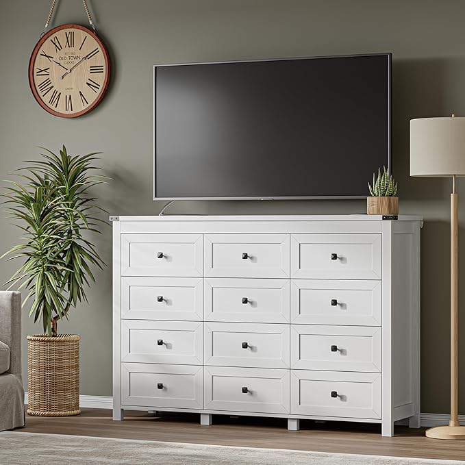 BORNOON 12-Drawer Dresser, Modern Wooden Storage Chest of Drawers, Dresser TV Stand, Wood Drawer Organizer with Metal Handles for Bedroom, Living Room, Hallway