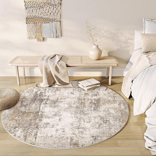 8x8 Washable Round Rug Brown Grey Abstract Non Slip Soft Low Pile Circle Rug for Living Room Bedroom Neutral Modern Indoor Carpet for Dining Room Office Entryway Home Decor