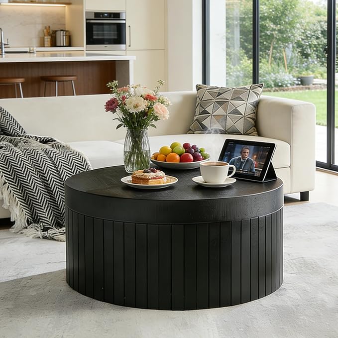 31.5” Modern Round Coffee Table, Circular Wood Center Table with Storage, MDF Accent Dinning Table for Living Room, Apartment,Office,Courtyard, No Assembly.(Black)