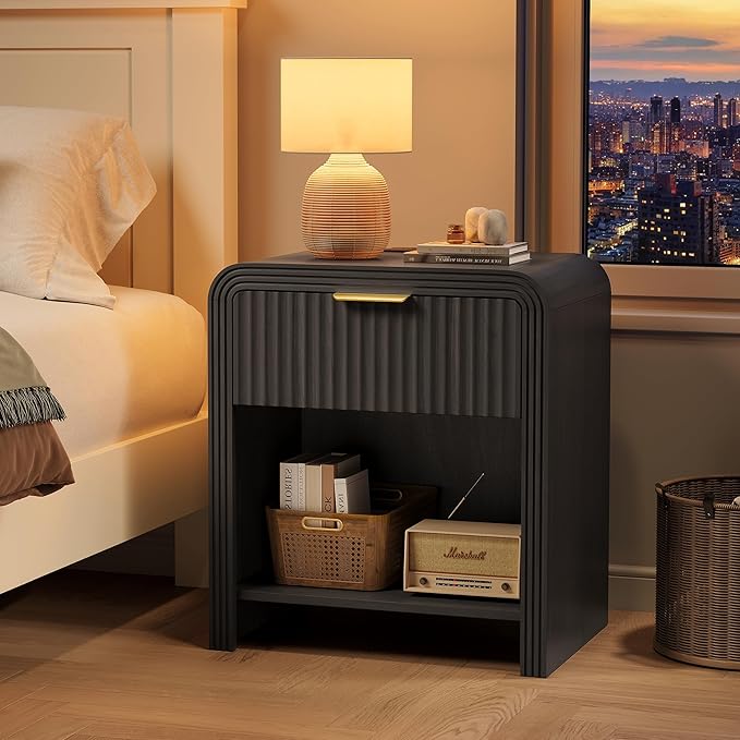 Decofy Fluted Nightstand with Charging Station, Modern Bedroom Side Table with Gold Handles, Curved Profile Design, End Table Wood Organizer for Bedroom, Open Shelf & 1 Drawers (1 Pack, Dark Walnut)