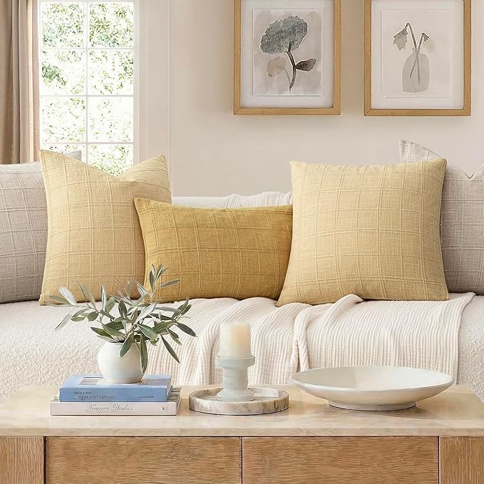 Foindtower Set of 2 Decorative Linen Check Throw Pillow Covers Neutral Farmhouse Vintage Cushion Covers Modern Boho Accent Home Decor for Sofa Chair Couch Bedroom Living Room,18×18 Inch,Light Yellow