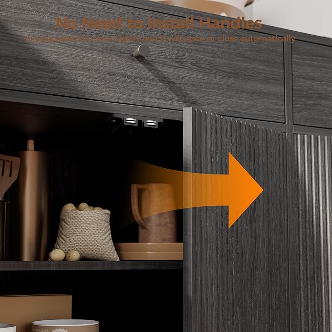 Mericonia Farmhouse Buffet Sideboard Cabinet with Storage, Fluted Coffee Bar with Doors and Adjustable Shelves, Modern Wood Console Cabinet with Drawers (4 Door, Grey 2 Drawer)