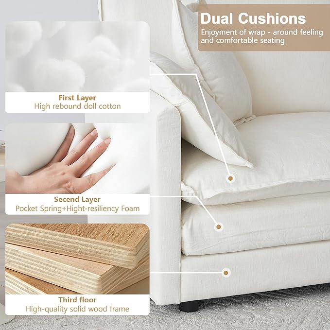Modular Sectional Sofa, 146.5 Inch I-Shaped Cloud Sofa with Deep Seat Chenille Sofa with Cushions, Four Seater Sectional Sofa for Living Room Apartment,White