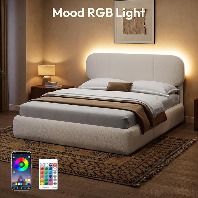 Queen Size Bed Frame with Storage, Boucle Cloud Bed with 4 Locking Drawers & LED Lights, Modern Upholstered Platform Bed, Plush Sides & Footboard, Adjustable Headboard, No Box Spring, Cream