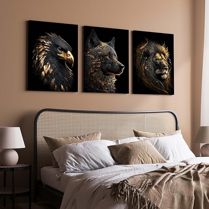 3 Piece Framed Canvas Wall Art, Modern Black and Gold Animal Canvas Wall Decor with Eagle Wolf and Lion, Set of 3 Wall Art for Living Room Bedroom Office Gaming Room, 12x16 Inch