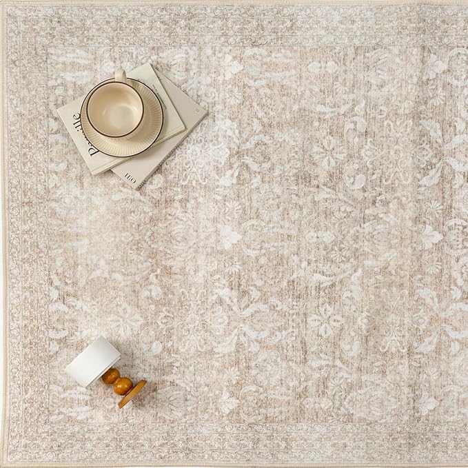 PureCozy Beige Area Rug 5x8 Washable Neutral Living Room Vintage Non Slip Carpet Low Pile Soft Thin Indoor Bedroom Retro Floral Accent Throw Rug for Office Kitchen Bathroom Dining Room