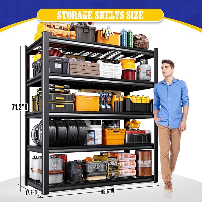 Set of 4 Garage Shelving Heavy Duty Storage Shelves, 5-Tier Adjustable Metal Shelving Unit, Utility Garage Organizer Shelf for Basement, Pantry, Kitchen, Warehouse,17.7" D x 45.6" W x 71.2" H