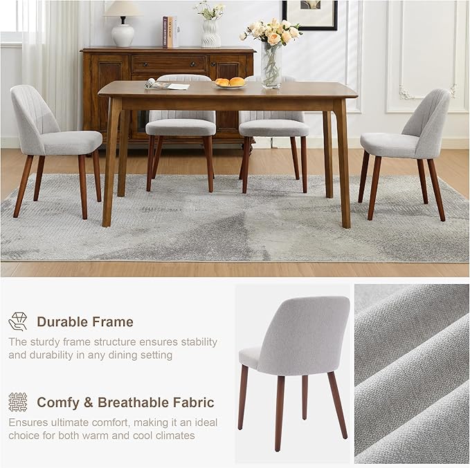 GarveeHome Wooden Dining Chairs Set of 4, Upholstered Kitchen Dining Room Chairs with Padded Seat and Wood Legs, Modern Fabric Side Dinner Chair for Kitchen, Dining Room, Restaurant, Cafe, Grey