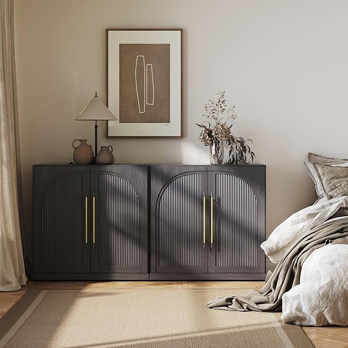 BELLEZE Set of 2 Modular Sideboard with Double-Arc Wood Doors, 65'' Arched Buffet Cabinet with Storage and Adjustable Shelves, Classic Modern Credenza for Dining Room Living Room Entryway (Ebony)
