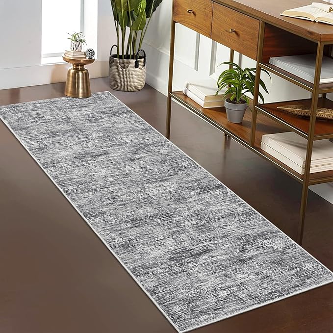 RUGSREAL 2x6 Runner Rug Washable Kitchen Runner Rug Modern Abstract Runner Mat for Hallway Contemporary Solid Rug Non-Slip Foldable Aesthetic Accent Floor Carpet for Living Room Bedroom, Ivory/Grey
