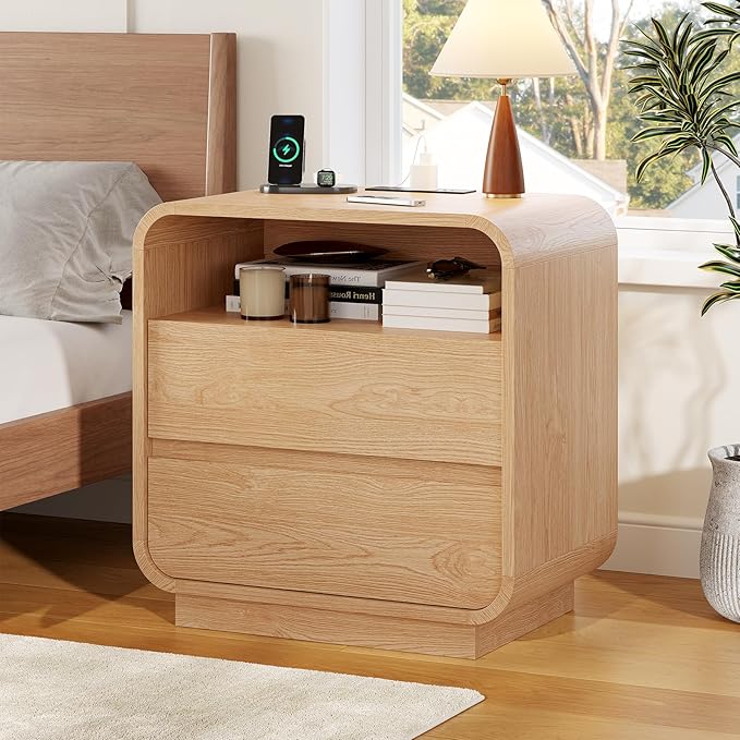 HAUOMS 25" Tall Modern Nightstand with Charging Station, 23.6" Wide Wood Bedside Table w/2 Storage Drawers, Curved Profile Design, Large Mid Century End Table for Bedroom, Living Room, Natural Oak