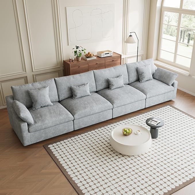 Modular Sectional Sofa Cloud Couch, 155.9" Oversized 4 Seater Sofa Couch with Pillows, Linen Blend Fabric Minimalist Deep Seat Couches for Living Room, Sofa Covers Washable&Removable, Grey